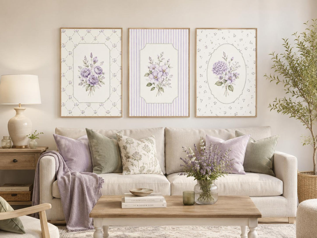 Set of 3 Purple Floral Nursery Prints, Lavender Watercolor Botanical Wall Art
