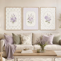 Set of 3 Purple Floral Nursery Prints, Lavender Watercolor Botanical Wall Art