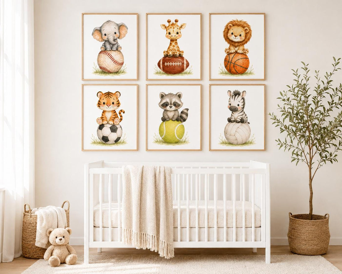 Sports Nursery Wall Art Set of 6, Safari Animal Prints, Baby Boy Room Decor,