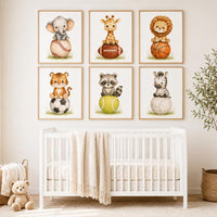 Sports Nursery Wall Art Set of 6, Safari Animal Prints, Baby Boy Room Decor,