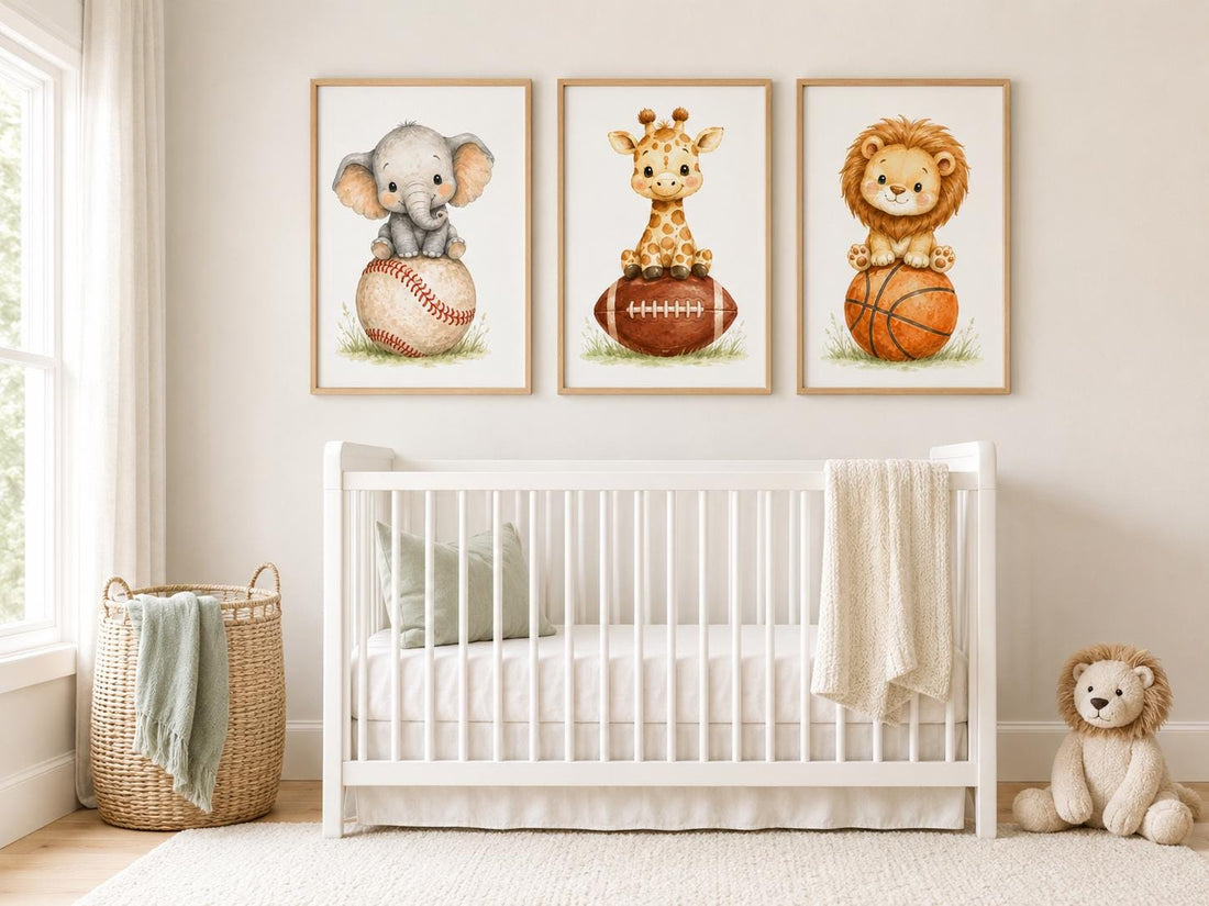 Baby Animal Sports Nursery Print: Safari Baseball, Football, Basketball