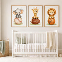 Baby Animal Sports Nursery Print: Safari Baseball, Football, Basketball