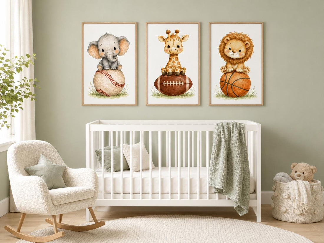 Baby Animal Sports Nursery Print: Safari Baseball, Football, Basketball