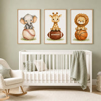 Baby Animal Sports Nursery Print: Safari Baseball, Football, Basketball