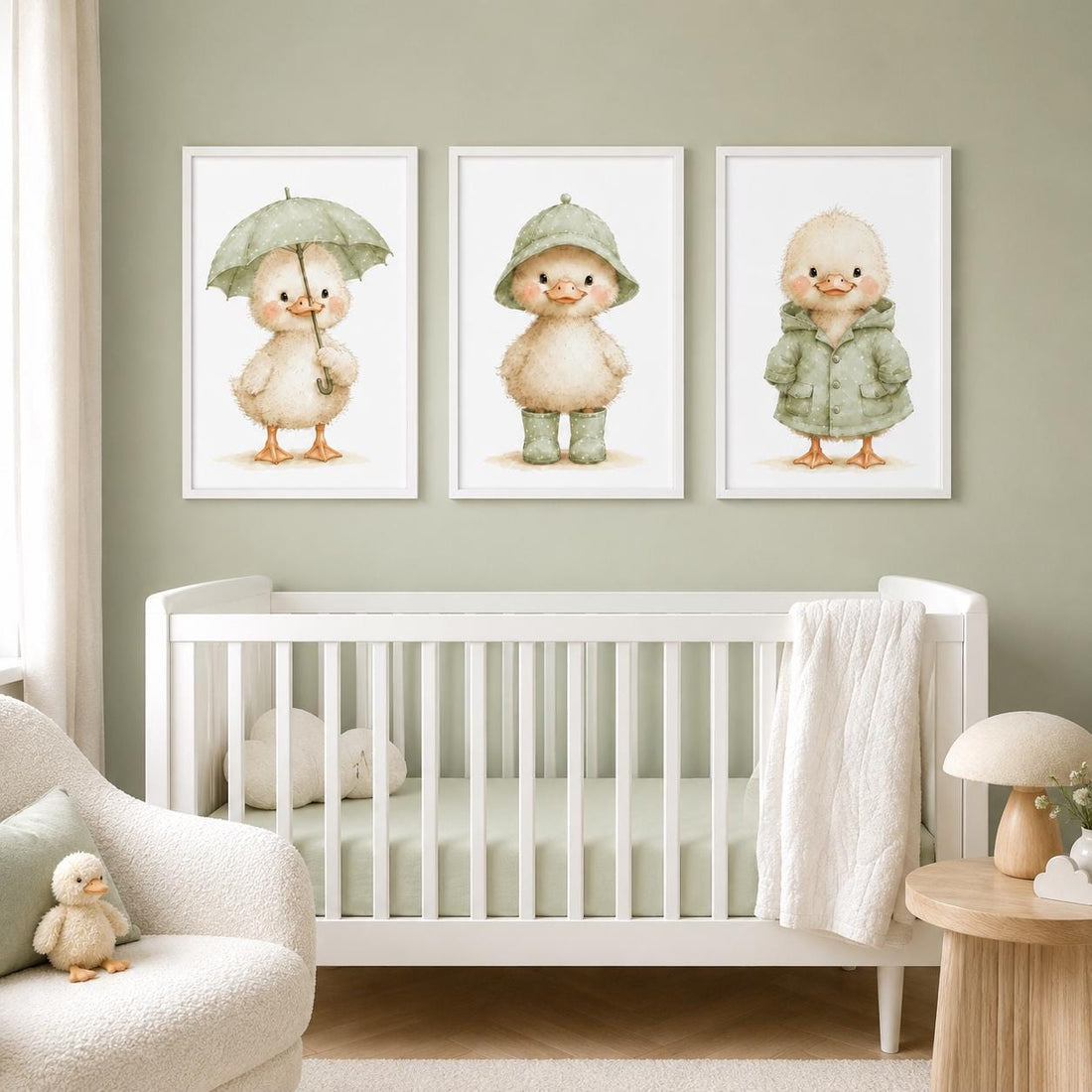 Sage Green Duckling Prints, Rainy Day Nursery Art Set