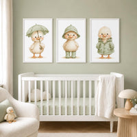 Sage Green Duckling Prints, Rainy Day Nursery Art Set