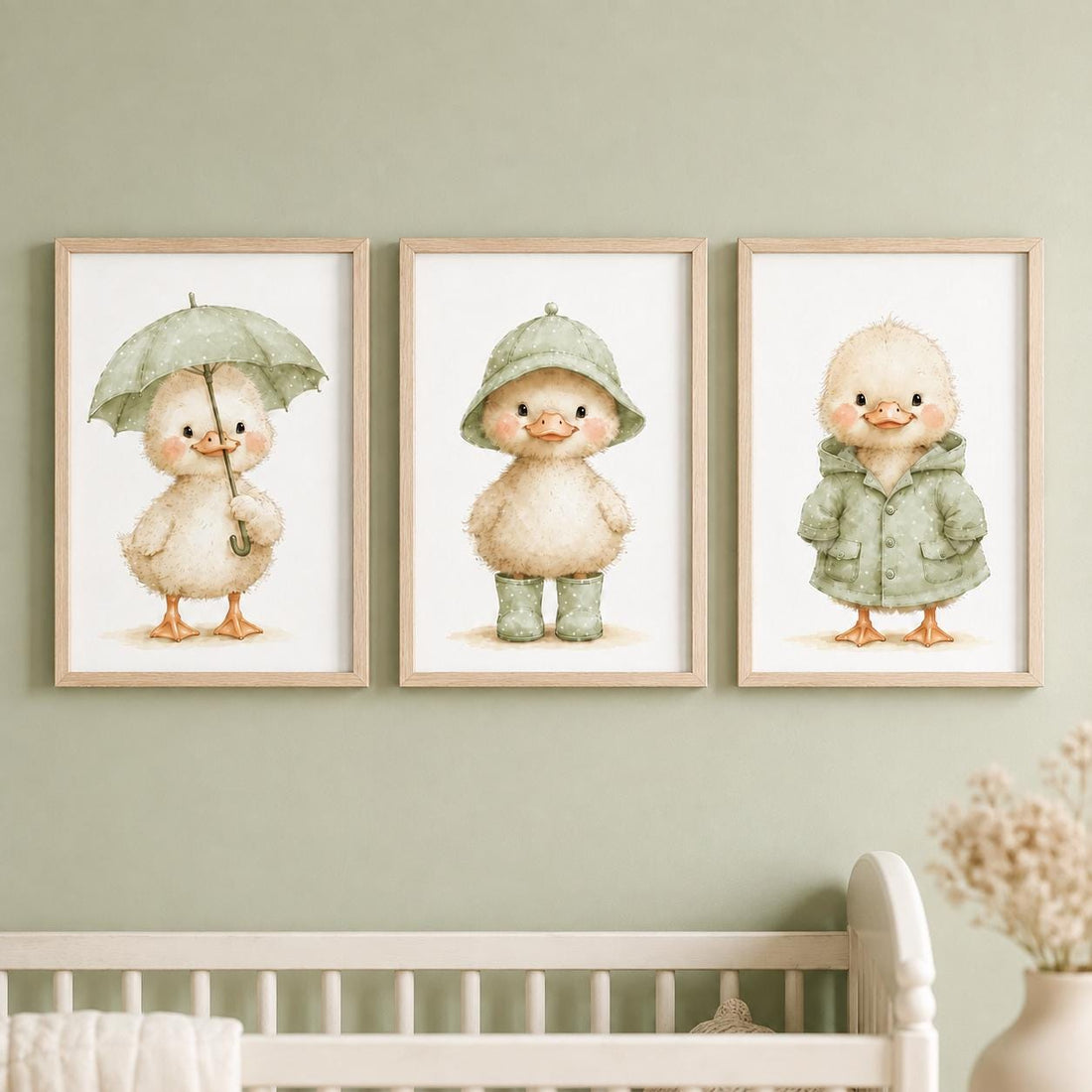 Sage Green Duckling Prints, Rainy Day Nursery Art Set