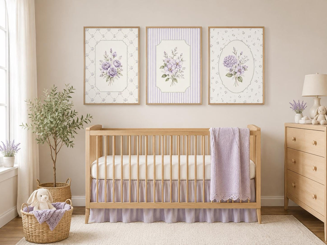 Set of 3 Purple Floral Nursery Prints, Lavender Watercolor Botanical Wall Art