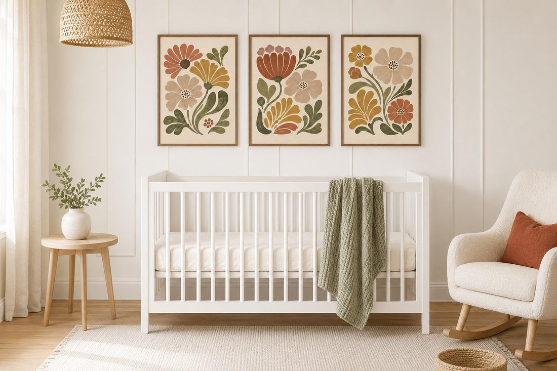 Earth Tone Floral Wall Art Set of 3, Boho Flower Prints, Neutral Nursery Decor