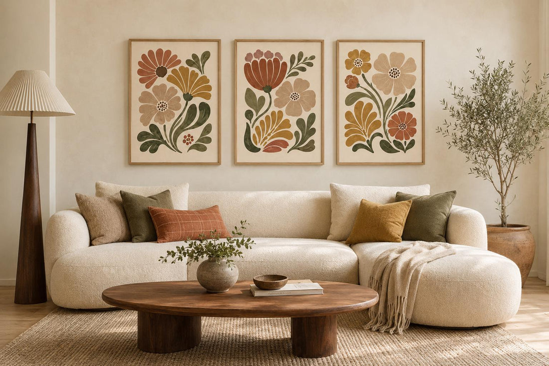 Earth Tone Floral Wall Art Set of 3, Boho Flower Prints, Neutral Nursery Decor