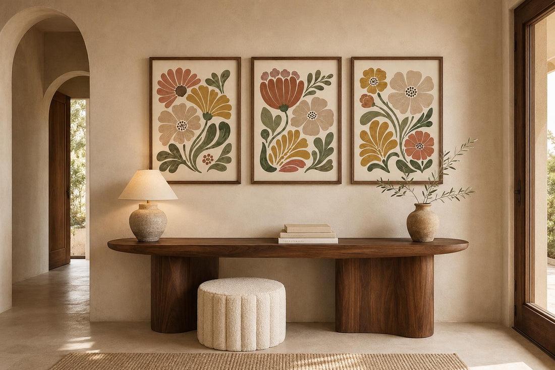 Earth Tone Floral Wall Art Set of 3, Boho Flower Prints, Neutral Nursery Decor