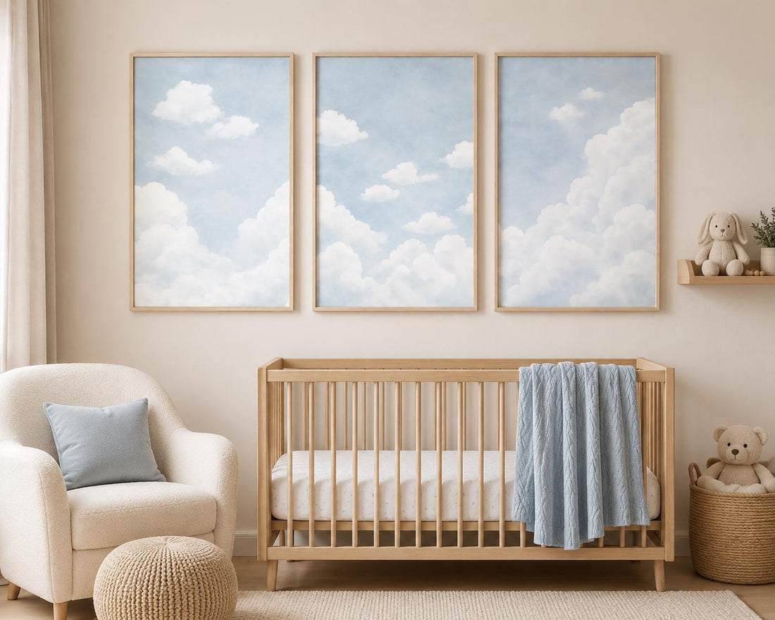 Blue Cloud Nursery Wall Art Set of 3, Gender Neutral Baby Room Decor