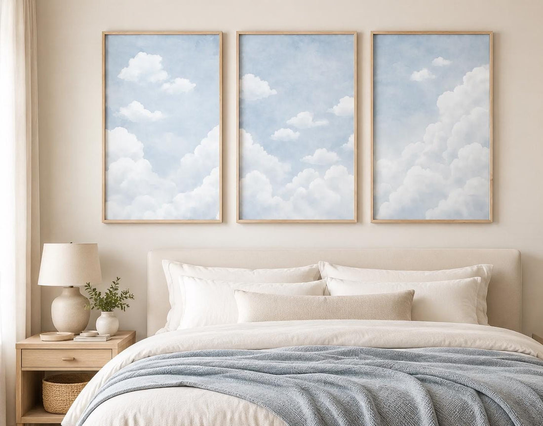 Blue Cloud Nursery Wall Art Set of 3, Gender Neutral Baby Room Decor