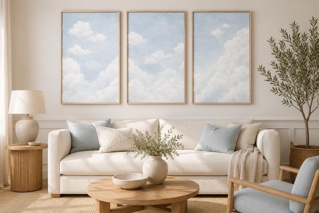 Blue Cloud Nursery Wall Art Set of 3, Gender Neutral Baby Room Decor