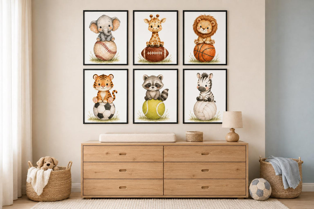 Sports Nursery Wall Art Set of 6, Safari Animal Prints, Baby Boy Room Decor,
