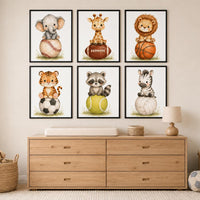 Sports Nursery Wall Art Set of 6, Safari Animal Prints, Baby Boy Room Decor,