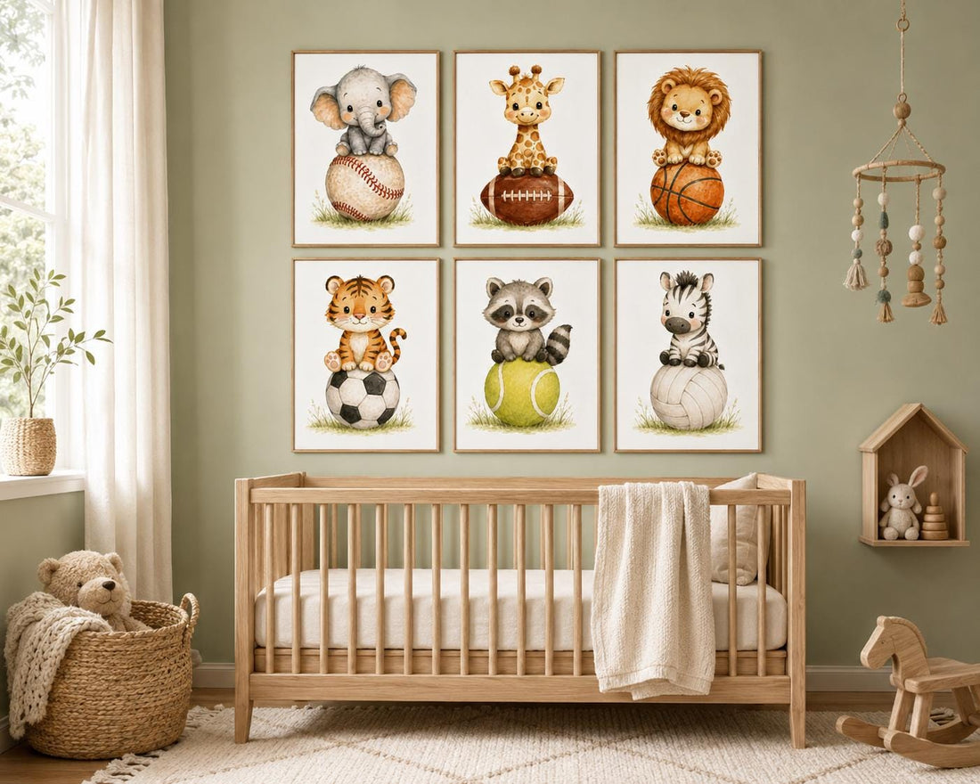 Sports Nursery Wall Art Set of 6, Safari Animal Prints, Baby Boy Room Decor,