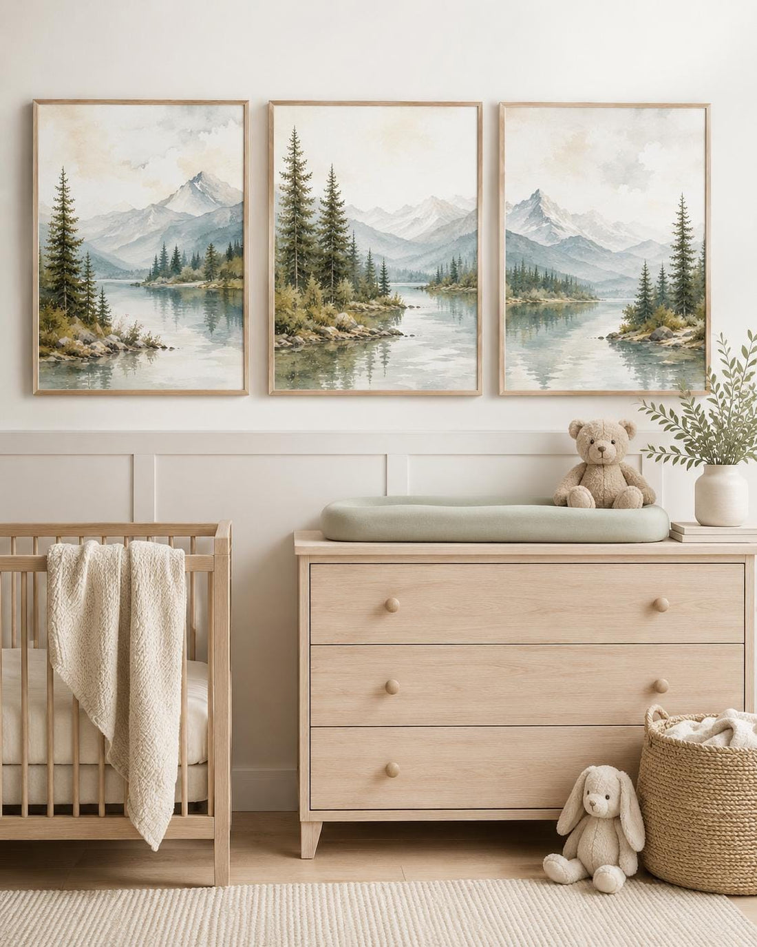 Forest Nursery Wall Art Set of 3, Woodland Landscape Prints, Green Nursery
