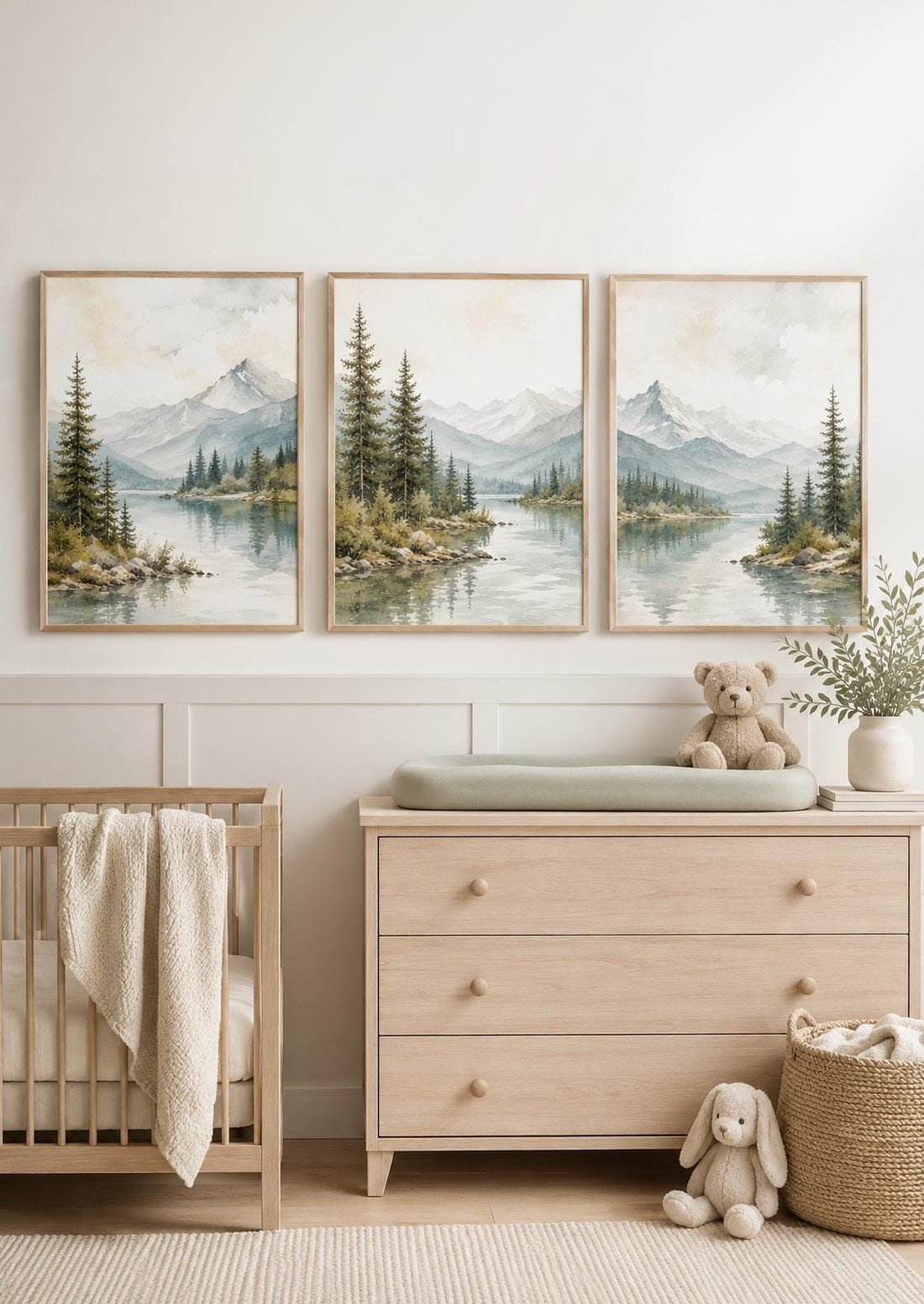 Forest Nursery Wall Art Set of 3, Woodland Landscape Prints, Green Nursery