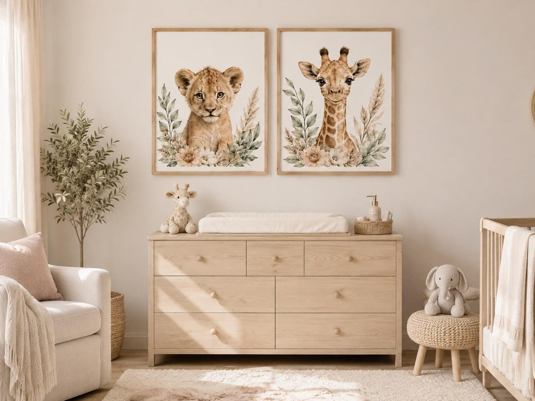 Safari Nursery Wall Art Set of 2, Baby Lion and Giraffe Prints