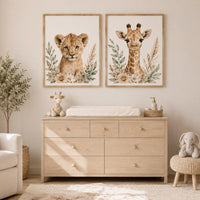 Safari Nursery Wall Art Set of 2, Baby Lion and Giraffe Prints