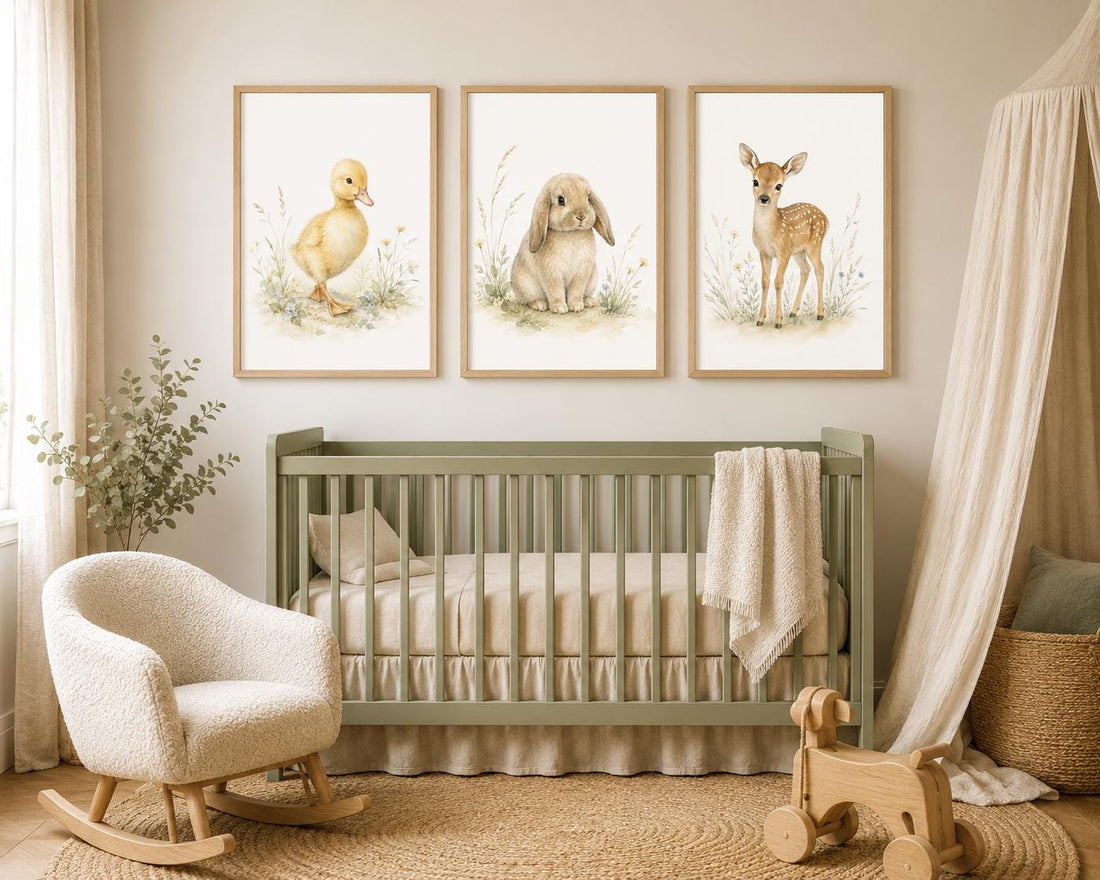 Baby Animal Nursery Wall Art Set of 3, Bunny Duckling and Fawn Prints