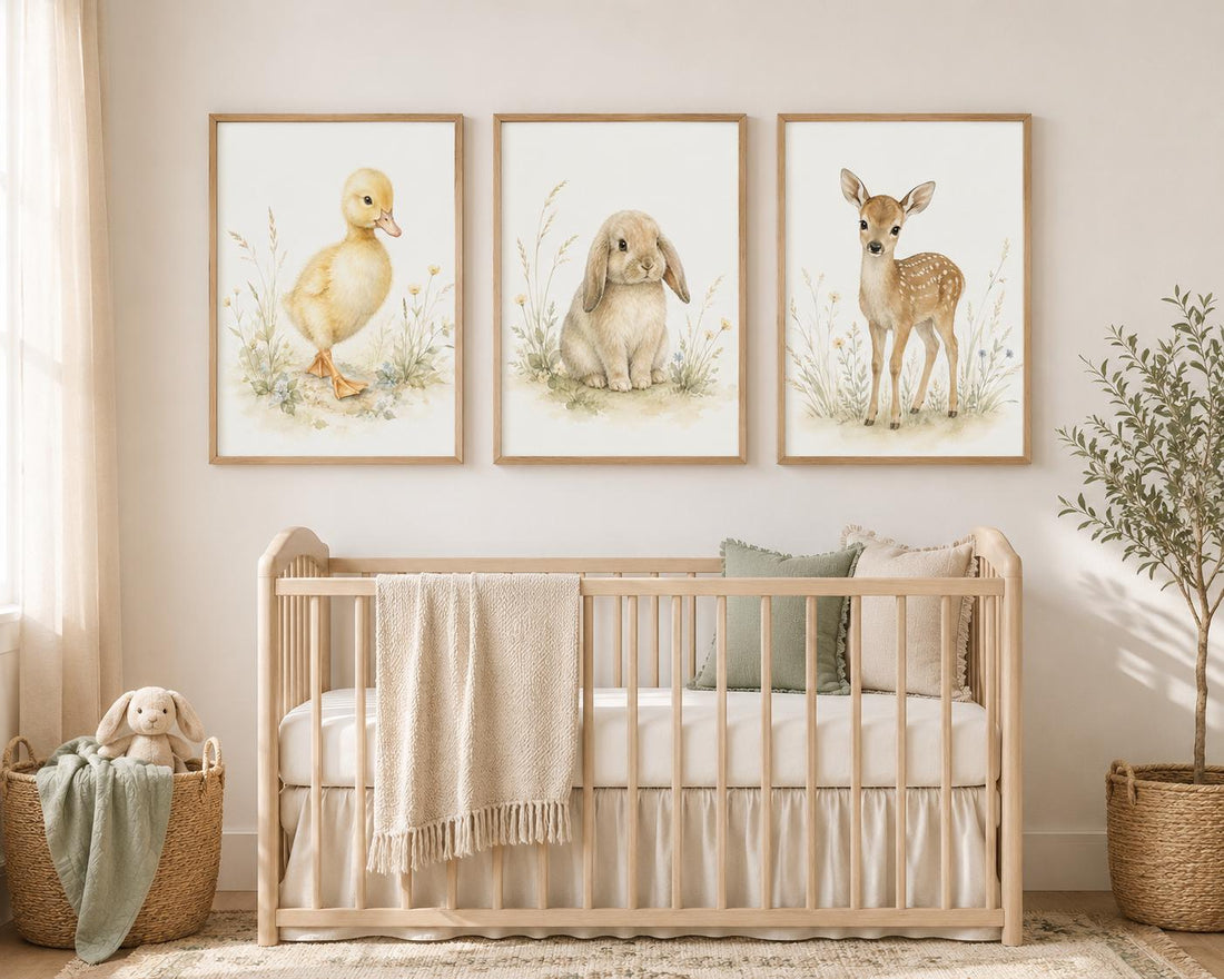 Baby Animal Nursery Wall Art Set of 3, Bunny Duckling and Fawn Prints