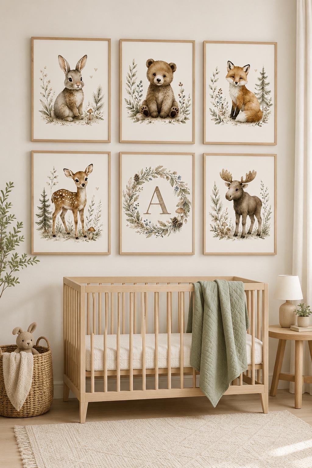 Woodland Nursery Wall Art Set of 6, Forest Animal Prints, Bear Bunny Fox Deer