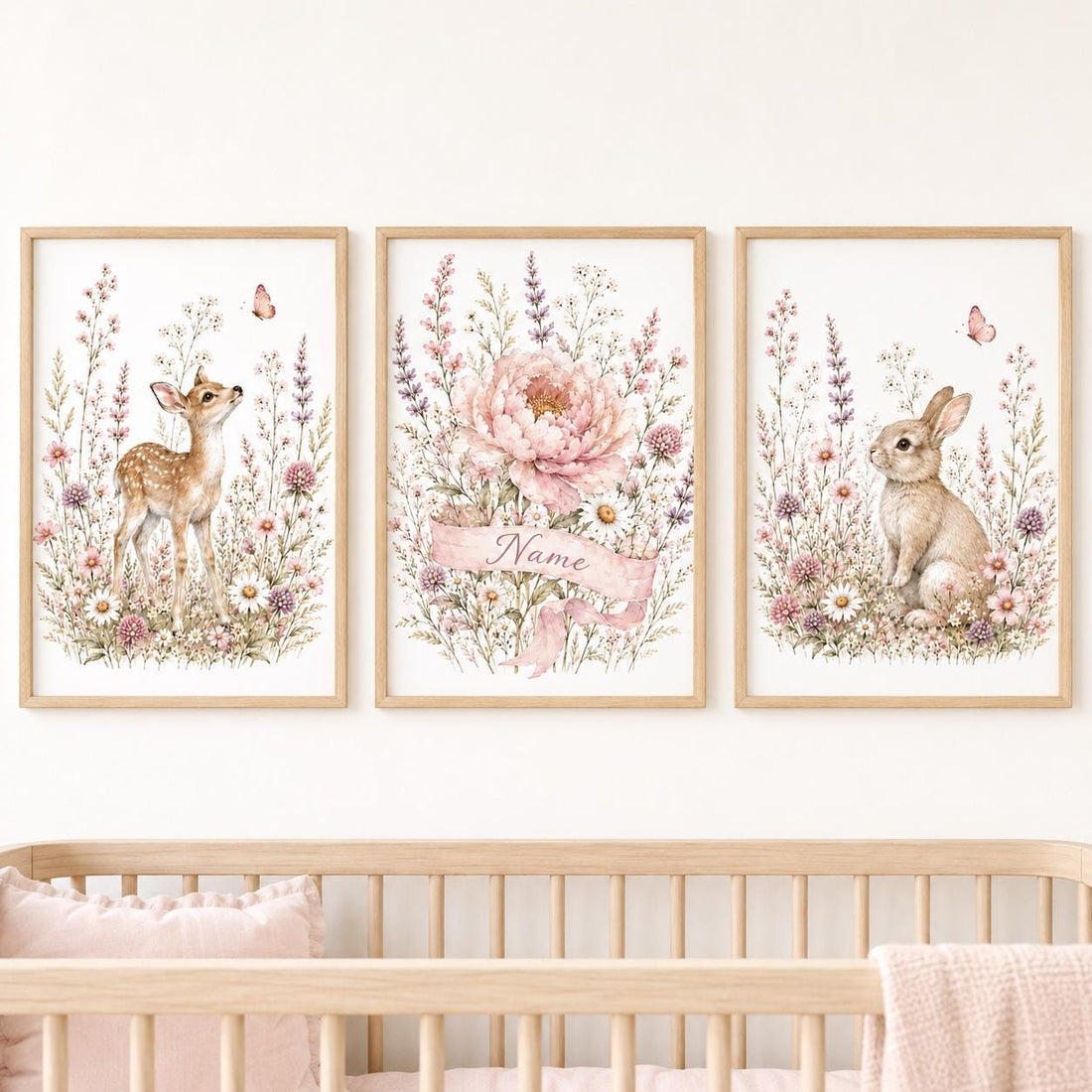 Personalized Woodland Nursery Wall Art Set of 3, Floral Deer and Bunny Prints