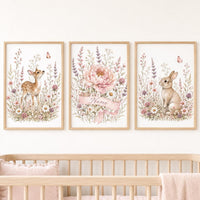 Personalized Woodland Nursery Wall Art Set of 3, Floral Deer and Bunny Prints