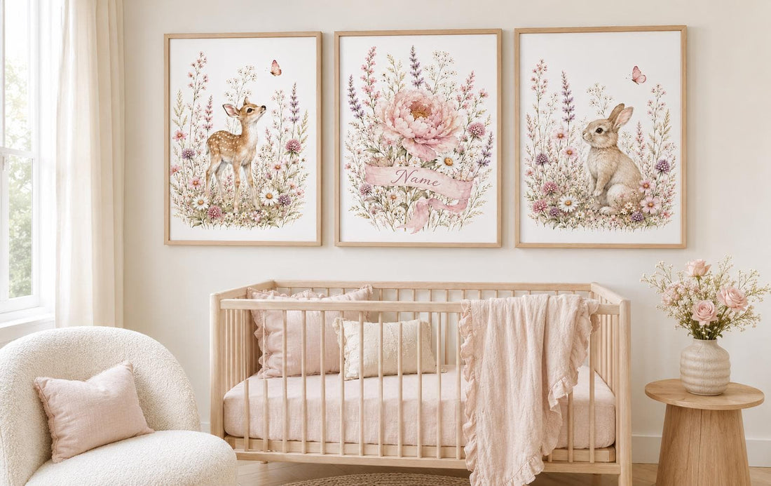 Personalized Woodland Nursery Wall Art Set of 3, Floral Deer and Bunny Prints