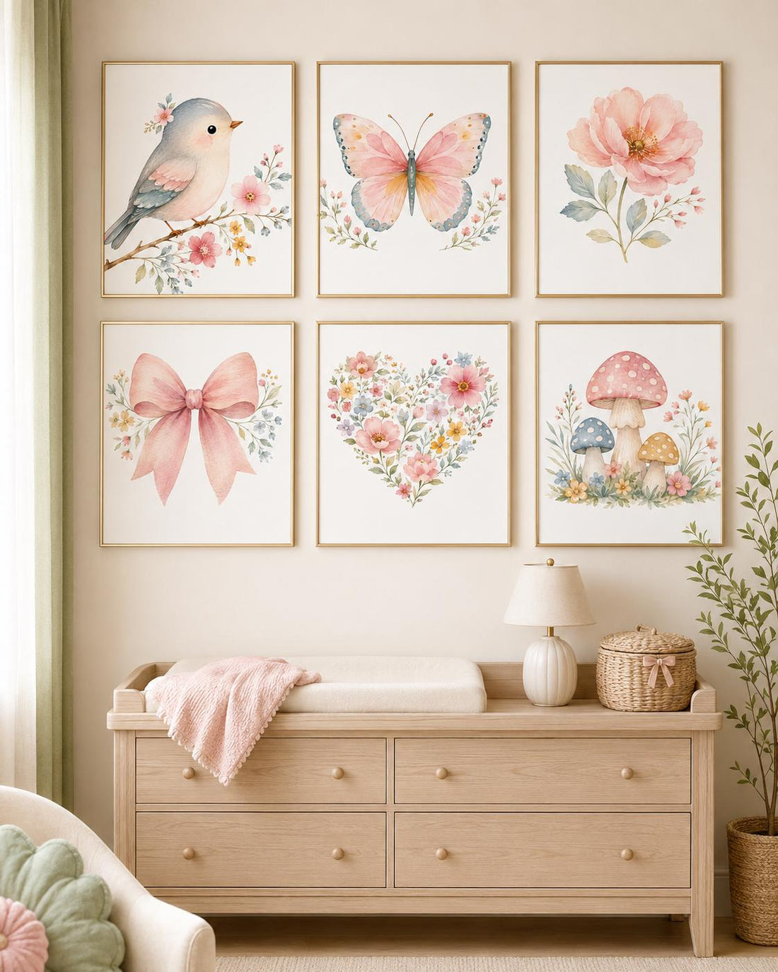 Girls Nursery Wall Art Set of 6, Watercolor Bird Butterfly Floral Prints