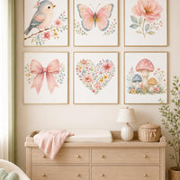 Girls Nursery Wall Art Set of 6, Watercolor Bird Butterfly Floral Prints