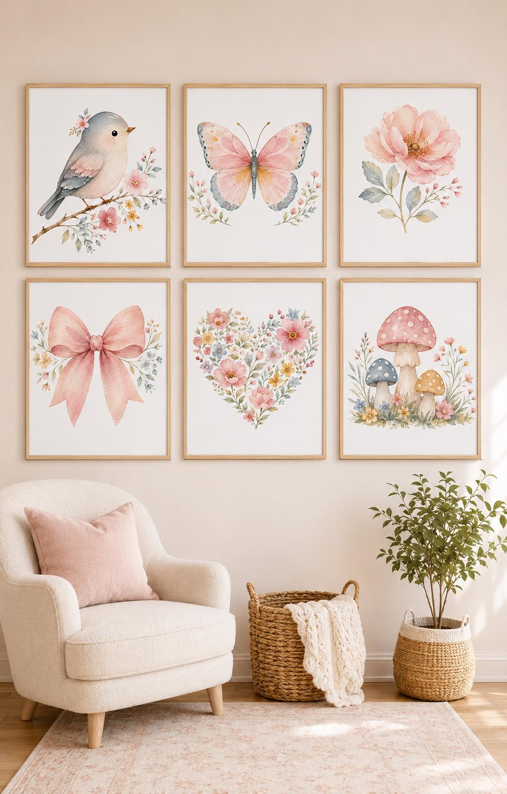 Girls Nursery Wall Art Set of 6, Watercolor Bird Butterfly Floral Prints