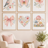 Girls Nursery Wall Art Set of 6, Watercolor Bird Butterfly Floral Prints