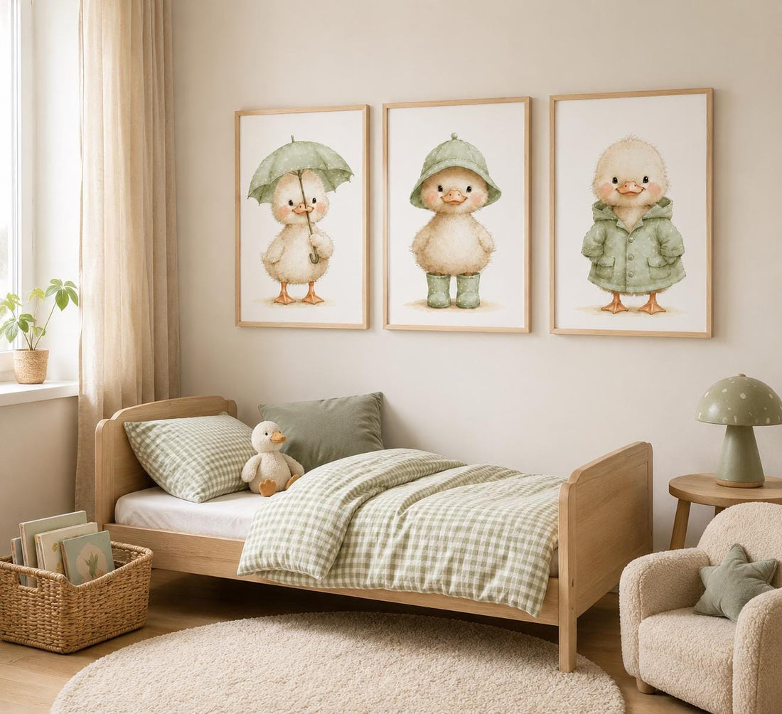 Sage Green Duckling Prints, Rainy Day Nursery Art Set