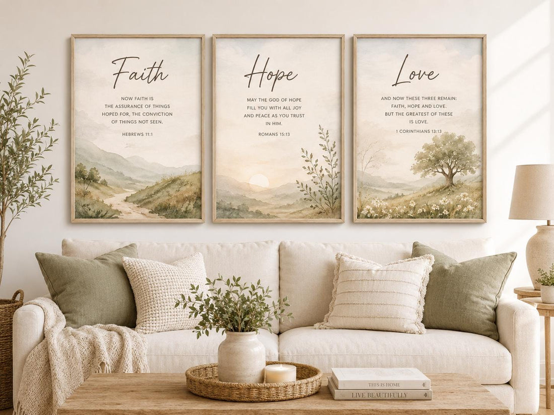 Faith Hope Love Bible Verse Prints, Watercolor Nursery Wall Art (Set of 3)