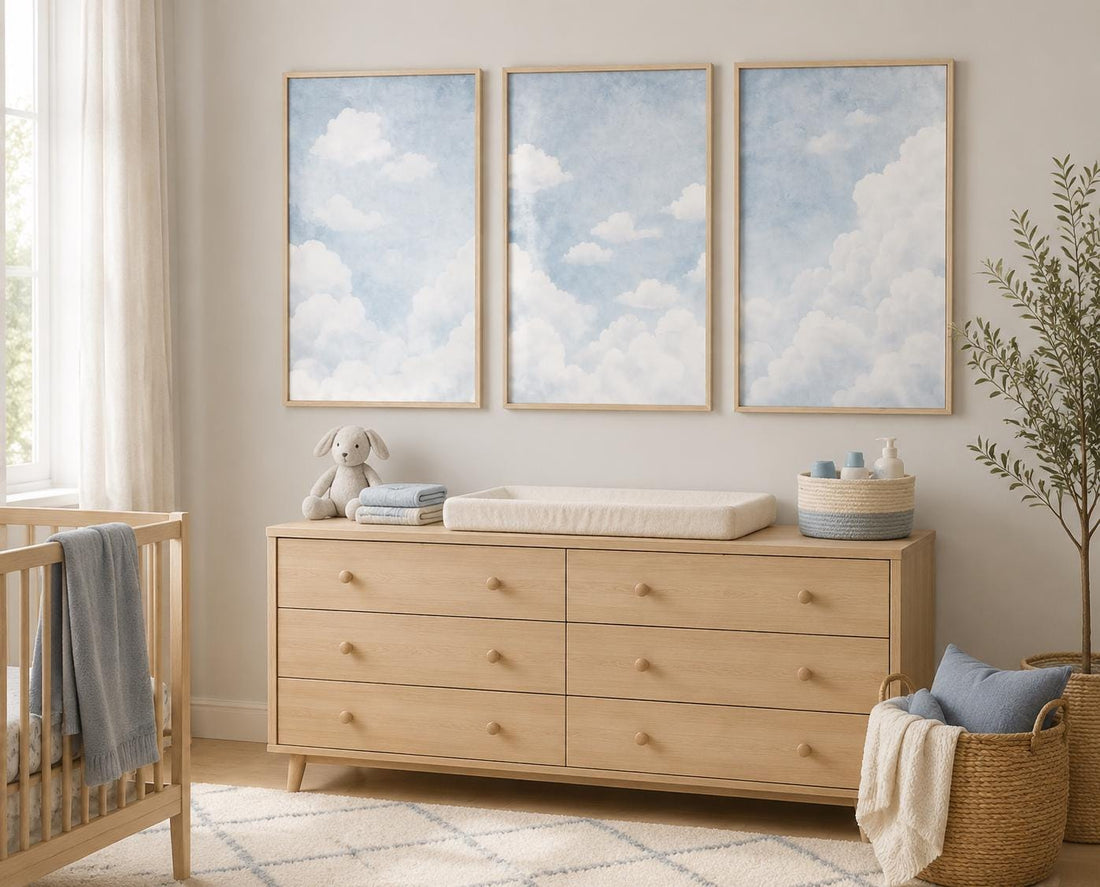 Blue Cloud Nursery Wall Art Set of 3, Gender Neutral Baby Room Decor