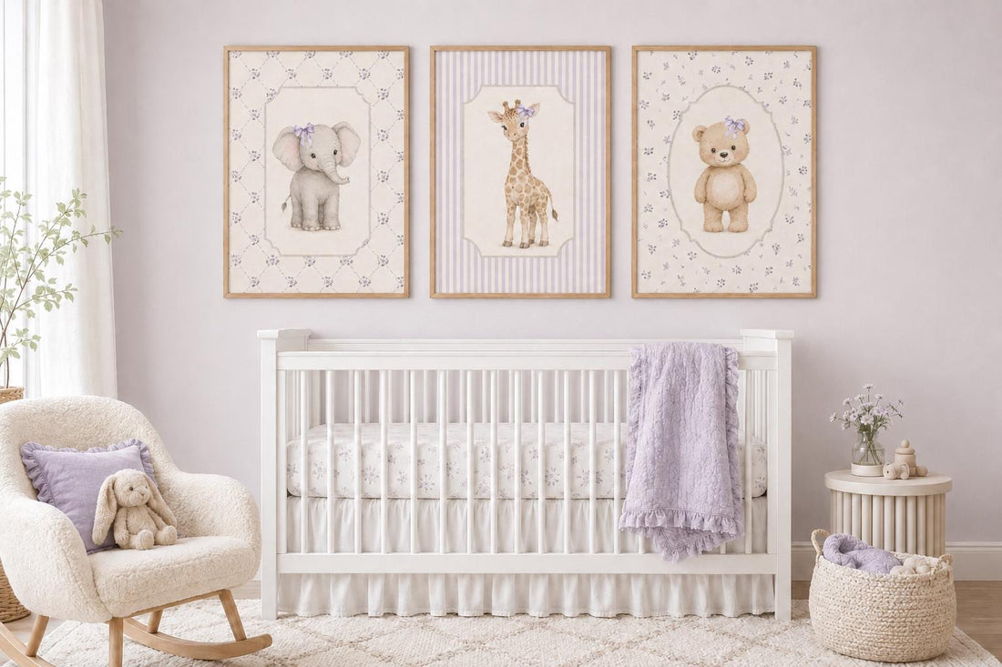 Purple Nursery Wall Art Set of 3, Elephant Giraffe Bear Prints, Lilac Baby Girl