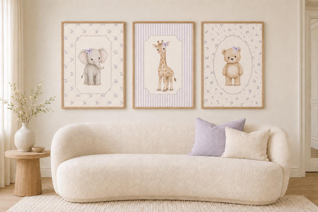 Purple Nursery Wall Art Set of 3, Elephant Giraffe Bear Prints, Lilac Baby Girl
