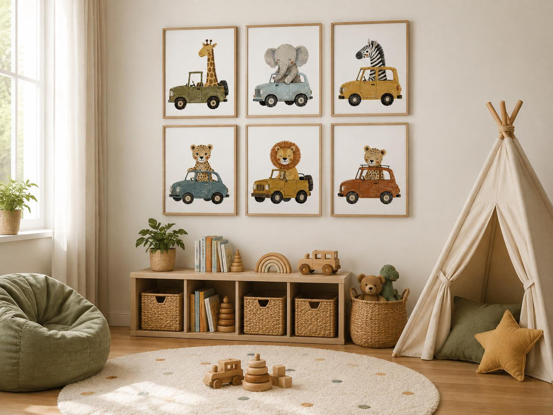 Safari Animal Car Prints Set, Retro Nursery Wall Art (Set of 6)