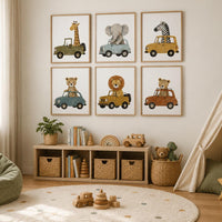 Safari Animal Car Prints Set, Retro Nursery Wall Art (Set of 6)