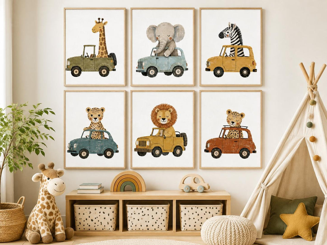 Safari Animal Car Prints Set, Retro Nursery Wall Art (Set of 6)