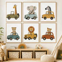 Safari Animal Car Prints Set, Retro Nursery Wall Art (Set of 6)