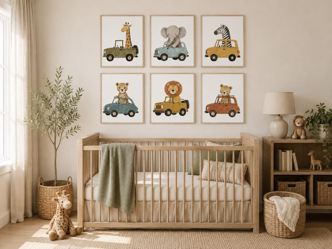 Safari Animal Car Prints Set, Retro Nursery Wall Art (Set of 6)