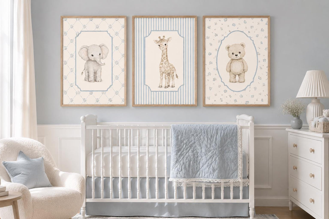 Navy Blue Nursery Prints: Bear, Elephant, Giraffe Animal Art