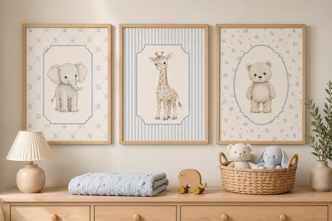 Navy Blue Nursery Prints: Bear, Elephant, Giraffe Animal Art