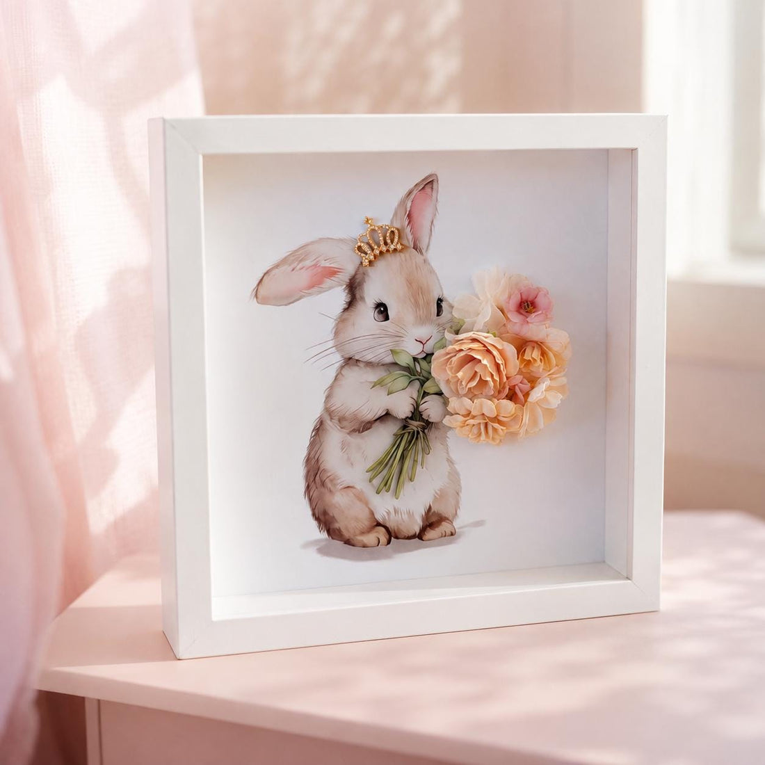 Princess Bunny Nursery Wall Art, Watercolor Rabbit with Crown, Floral Embellishments (9x9)