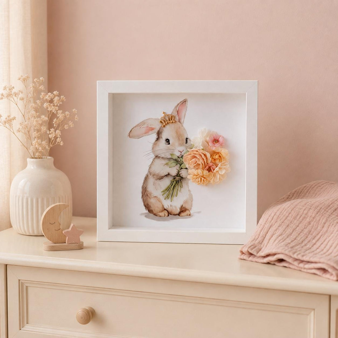 Princess Bunny Nursery Wall Art, Watercolor Rabbit with Crown, Floral Embellishments (9x9)