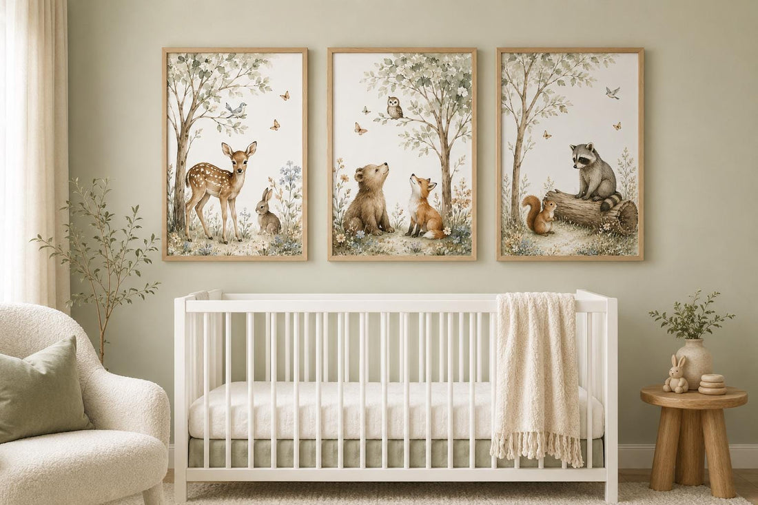 Woodland Nursery Wall Art Set of 3, Forest Animal Prints, Deer Bear Fox Raccoon